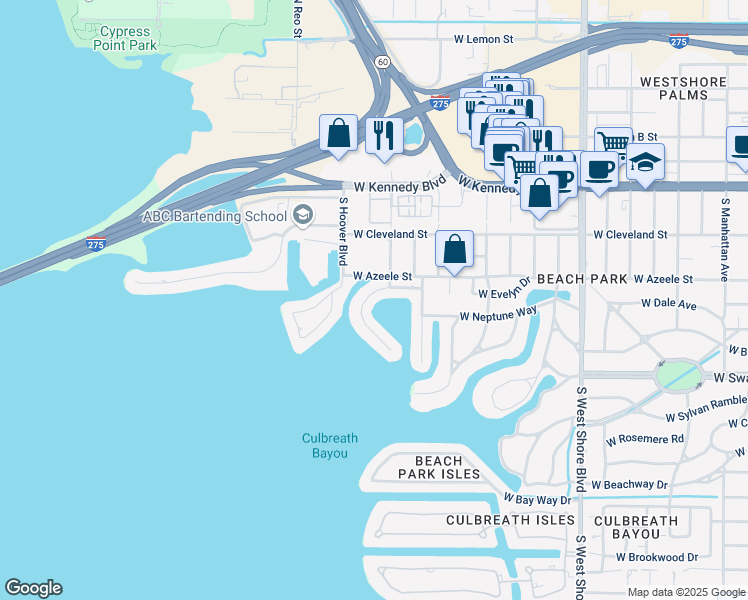 map of restaurants, bars, coffee shops, grocery stores, and more near 16 West Spanish Main Street in Tampa