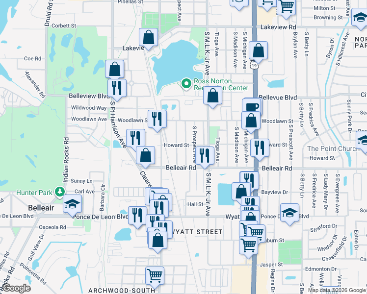 map of restaurants, bars, coffee shops, grocery stores, and more near 1555 Scranton Avenue in Clearwater