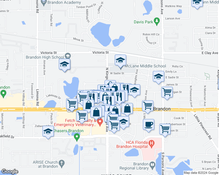 map of restaurants, bars, coffee shops, grocery stores, and more near 640 Golden Raintree Place in Brandon