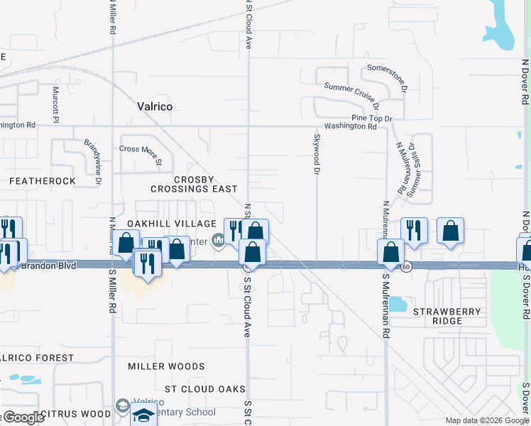 map of restaurants, bars, coffee shops, grocery stores, and more near 3152 Royal Tuscan Lane in Valrico
