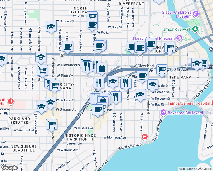 map of restaurants, bars, coffee shops, grocery stores, and more near 410 South Oregon Avenue in Tampa