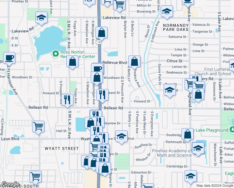 map of restaurants, bars, coffee shops, grocery stores, and more near 1549 Young Avenue in Clearwater