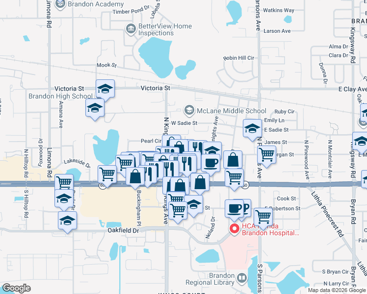 map of restaurants, bars, coffee shops, grocery stores, and more near 604 Golden Raintree Place in Brandon