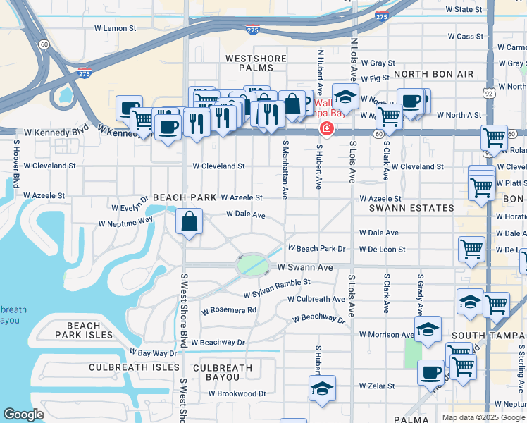 map of restaurants, bars, coffee shops, grocery stores, and more near 4409 West Dale Avenue in Tampa