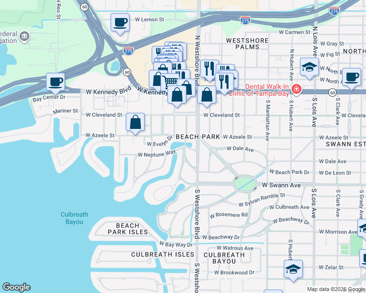 map of restaurants, bars, coffee shops, grocery stores, and more near 179 South Shore Crest Drive in Tampa