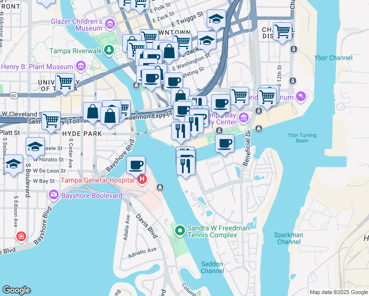 map of restaurants, bars, coffee shops, grocery stores, and more near 333 South Franklin Street in Tampa