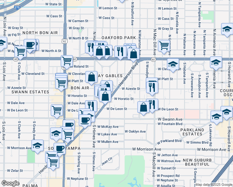 map of restaurants, bars, coffee shops, grocery stores, and more near 3318 Henderson Boulevard in Tampa