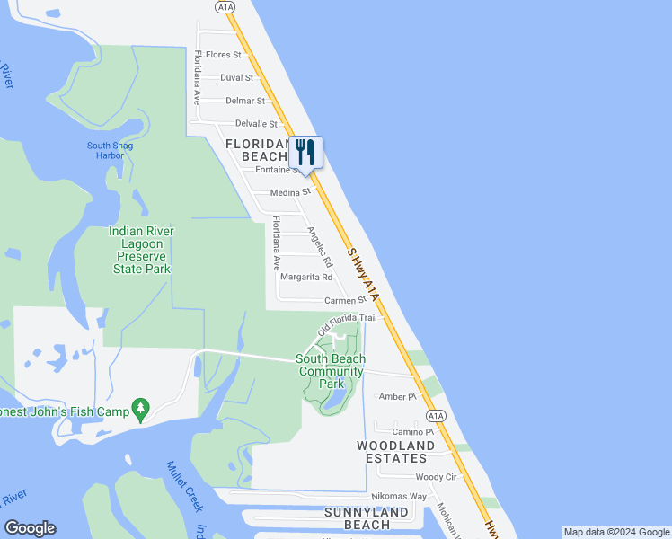 map of restaurants, bars, coffee shops, grocery stores, and more near 6845 Angeles Road in Melbourne Beach