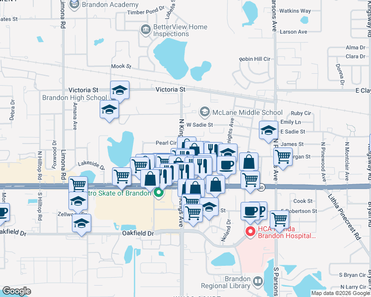 map of restaurants, bars, coffee shops, grocery stores, and more near 604 Golden Raintree Place in Brandon