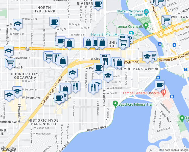 map of restaurants, bars, coffee shops, grocery stores, and more near 321 South Edison Avenue in Tampa