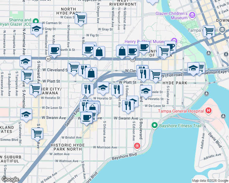map of restaurants, bars, coffee shops, grocery stores, and more near 405 South Willow Avenue in Tampa