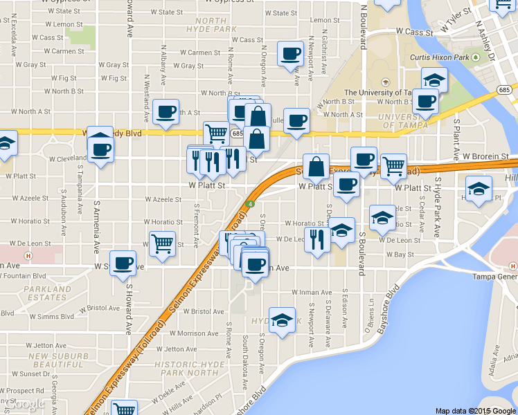 map of restaurants, bars, coffee shops, grocery stores, and more near 410 South Oregon Avenue in Tampa