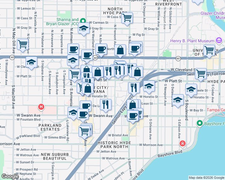 map of restaurants, bars, coffee shops, grocery stores, and more near 407 South Fremont Avenue in Tampa