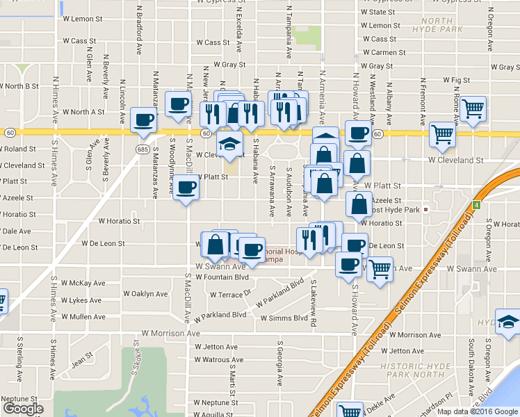 map of restaurants, bars, coffee shops, grocery stores, and more near 403 South Habana Avenue in Tampa