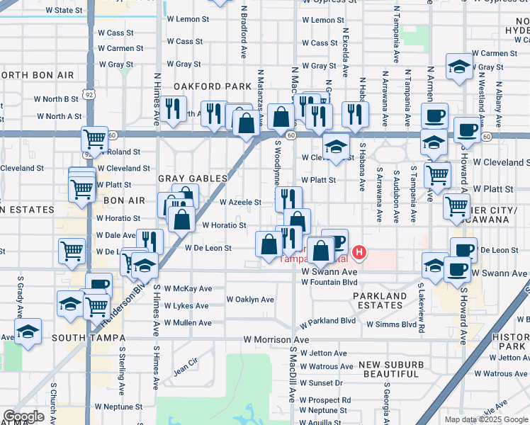 map of restaurants, bars, coffee shops, grocery stores, and more near 421 South Matanzas Avenue in Tampa