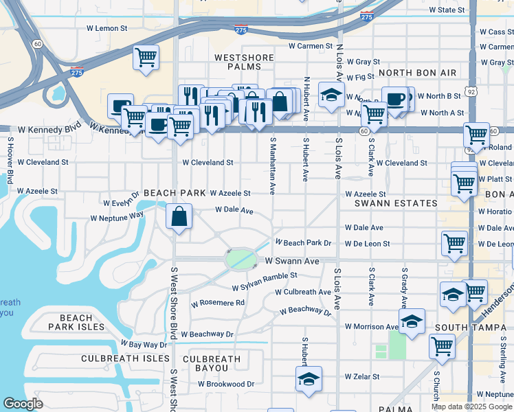 map of restaurants, bars, coffee shops, grocery stores, and more near 4409 West Dale Avenue in Tampa