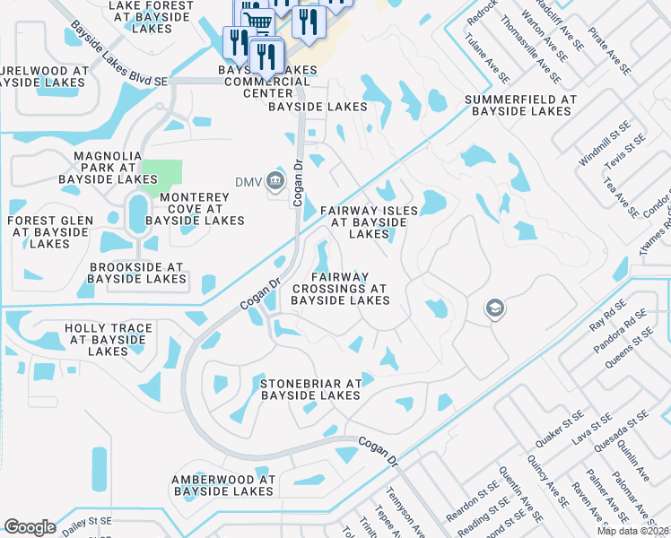 map of restaurants, bars, coffee shops, grocery stores, and more near 636 Remington Green Drive Southeast in Palm Bay