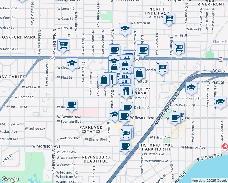 map of restaurants, bars, coffee shops, grocery stores, and more near 410 South Armenia Avenue in Tampa