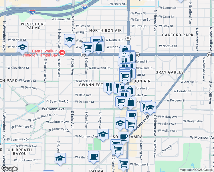 map of restaurants, bars, coffee shops, grocery stores, and more near 3909 West Horatio Street in Tampa