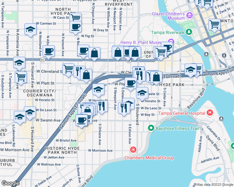 map of restaurants, bars, coffee shops, grocery stores, and more near 406 South Newport Avenue in Tampa