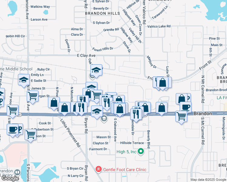 map of restaurants, bars, coffee shops, grocery stores, and more near 206 North Oakwood Avenue in Brandon