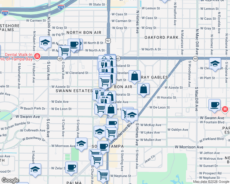 map of restaurants, bars, coffee shops, grocery stores, and more near 3709 West Horatio Street in Tampa