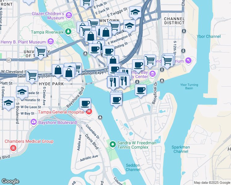 map of restaurants, bars, coffee shops, grocery stores, and more near 333 South Franklin Street in Tampa