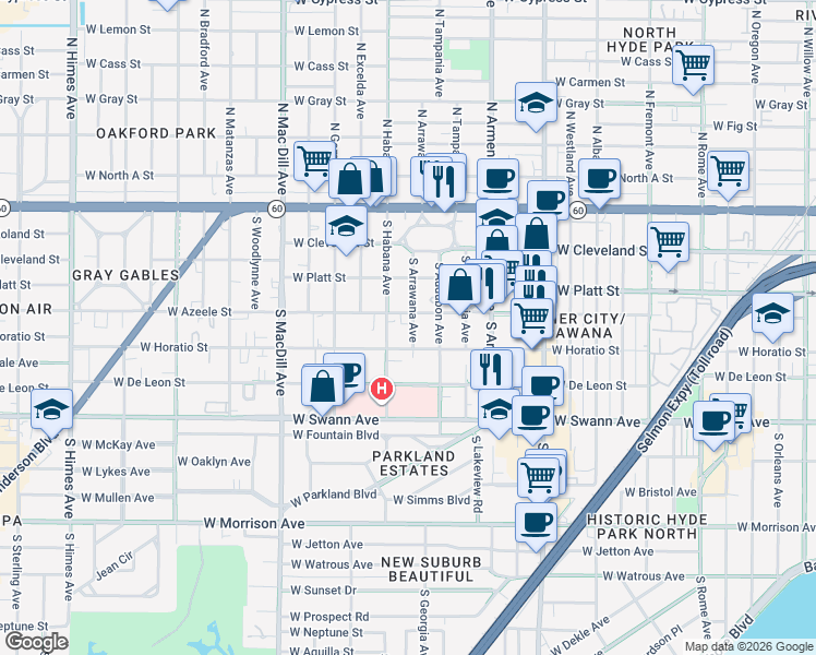 map of restaurants, bars, coffee shops, grocery stores, and more near 403 South Arrawana Avenue in Tampa