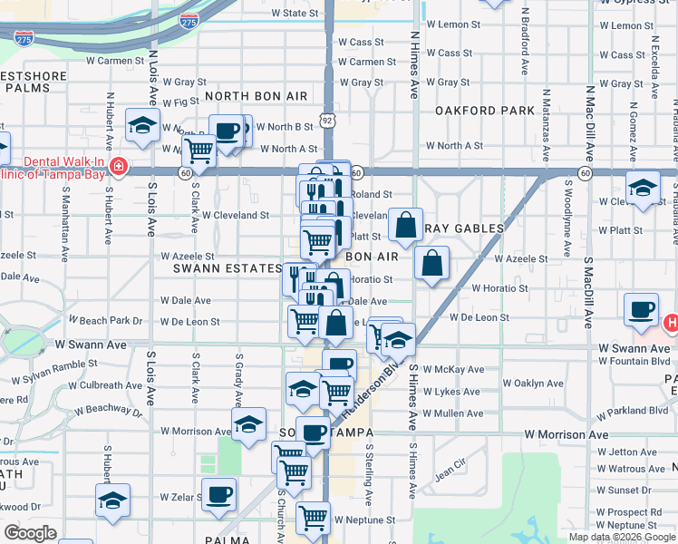 map of restaurants, bars, coffee shops, grocery stores, and more near 3707 West Horatio Street in Tampa
