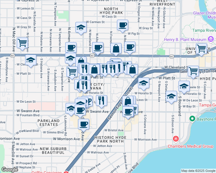 map of restaurants, bars, coffee shops, grocery stores, and more near 407 South Fremont Avenue in Tampa
