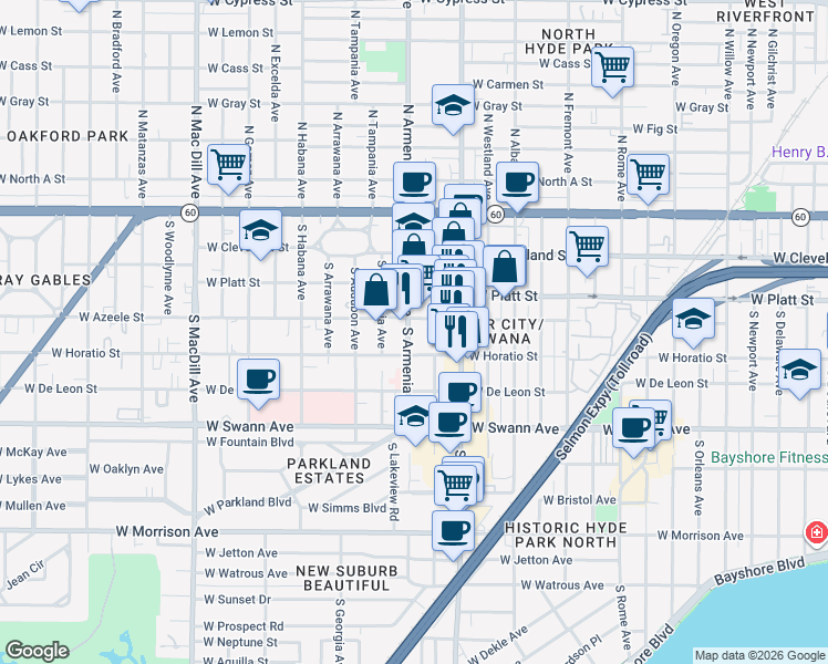 map of restaurants, bars, coffee shops, grocery stores, and more near 2411 West Horatio Street in Tampa