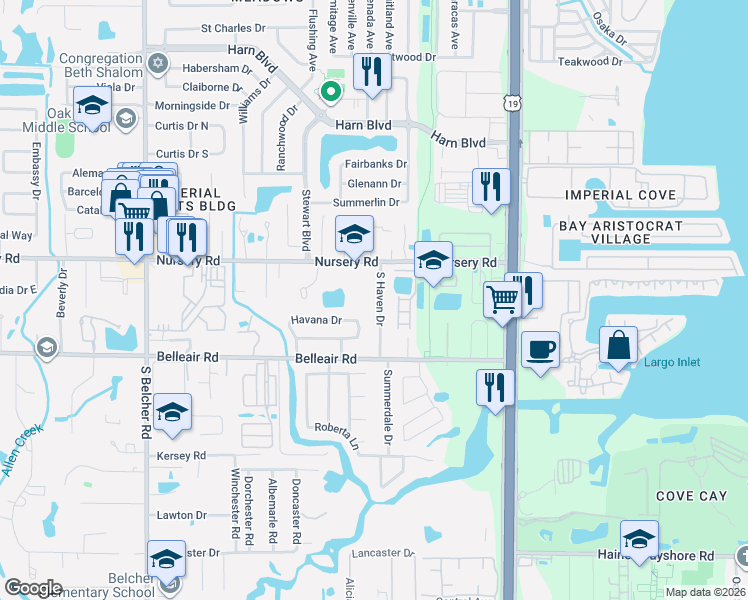 map of restaurants, bars, coffee shops, grocery stores, and more near 1543 South Haven Drive in Clearwater
