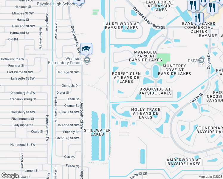 map of restaurants, bars, coffee shops, grocery stores, and more near 217 Brandy Creek Circle Southeast in Palm Bay