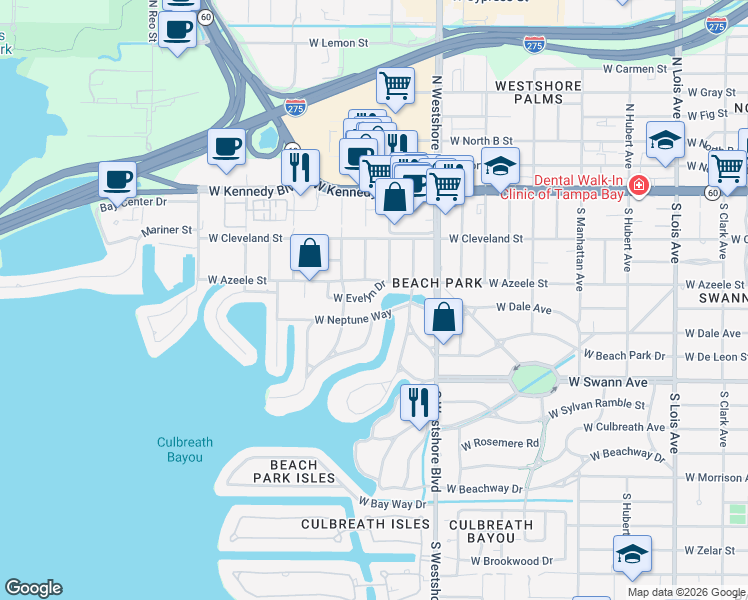 map of restaurants, bars, coffee shops, grocery stores, and more near 5006 West Evelyn Drive in Tampa