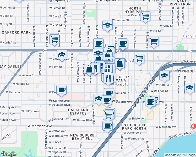 map of restaurants, bars, coffee shops, grocery stores, and more near 410 South Armenia Avenue in Tampa