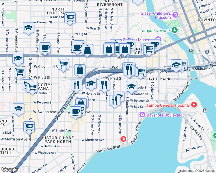 map of restaurants, bars, coffee shops, grocery stores, and more near 406 South Newport Avenue in Tampa