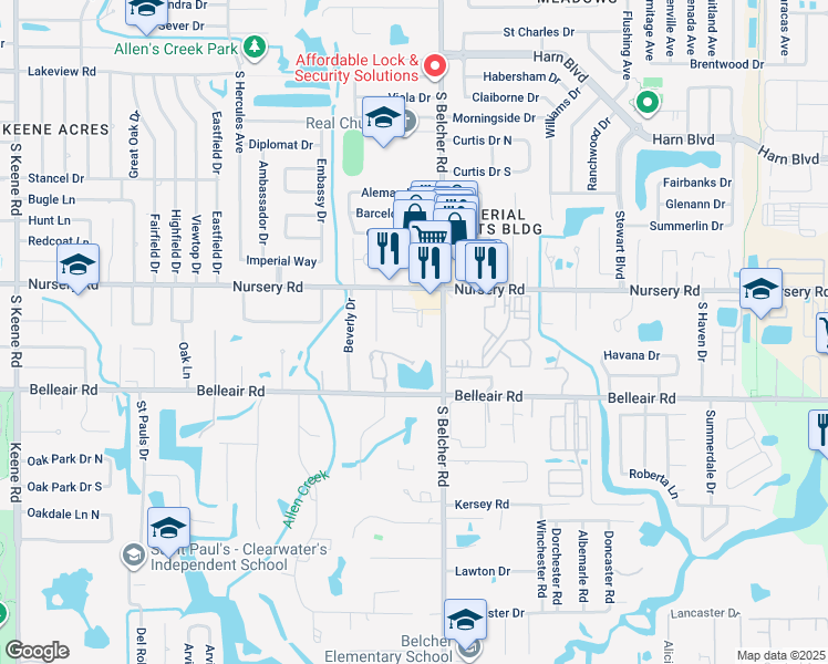 map of restaurants, bars, coffee shops, grocery stores, and more near 1550 South Belcher Road in Clearwater