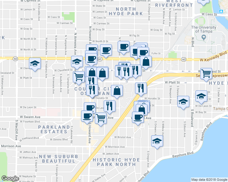 map of restaurants, bars, coffee shops, grocery stores, and more near 404 Melville Avenue in Tampa