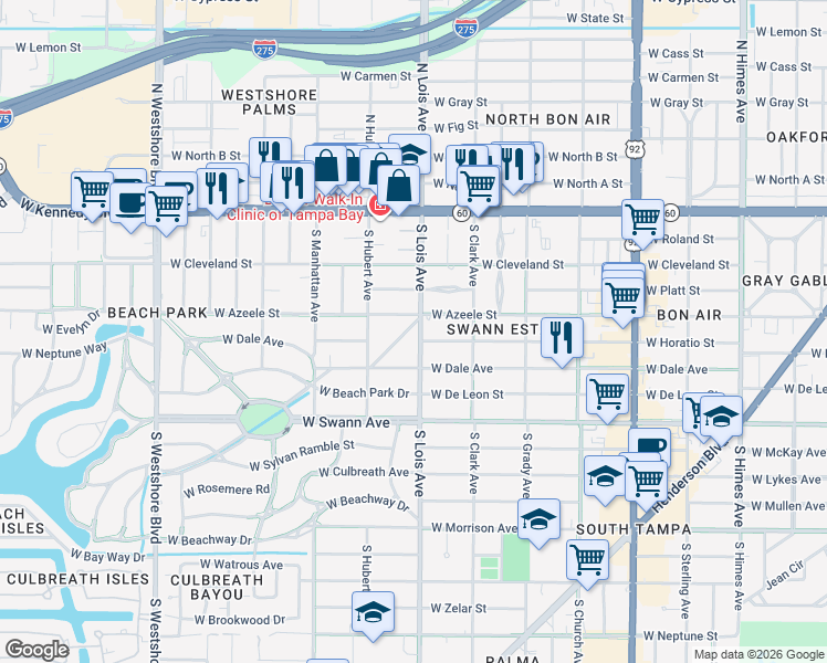 map of restaurants, bars, coffee shops, grocery stores, and more near 4207 West Woodmere Road in Tampa