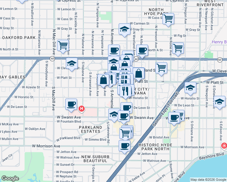 map of restaurants, bars, coffee shops, grocery stores, and more near 410 South Armenia Avenue in Tampa