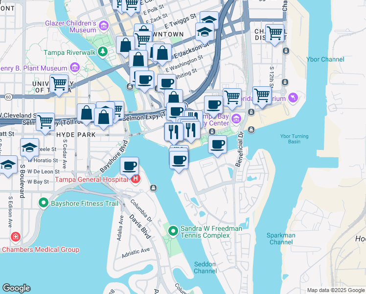 map of restaurants, bars, coffee shops, grocery stores, and more near 505 Water Street in Tampa