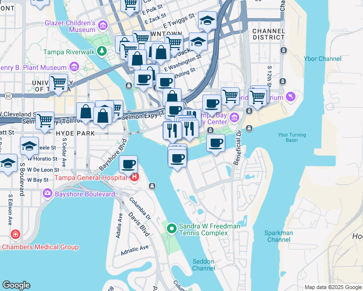 map of restaurants, bars, coffee shops, grocery stores, and more near 505 Water Street in Tampa