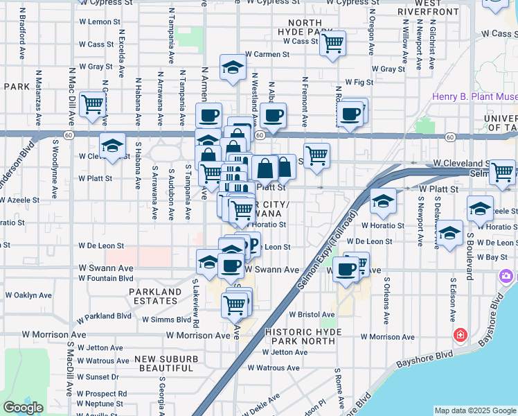 map of restaurants, bars, coffee shops, grocery stores, and more near in Tampa