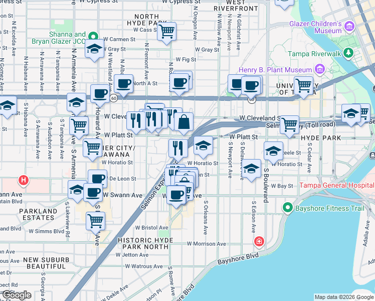 map of restaurants, bars, coffee shops, grocery stores, and more near 1501 West Horatio Street in Tampa