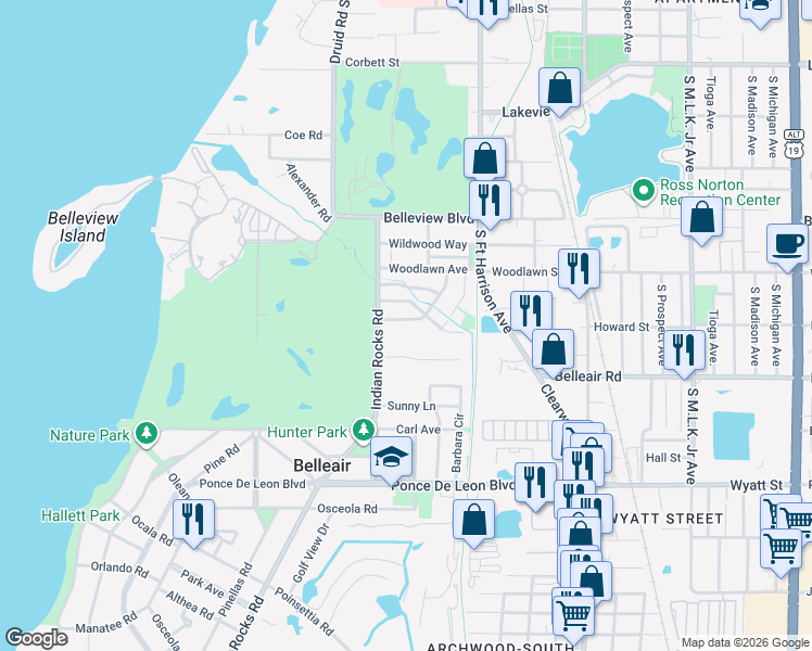 map of restaurants, bars, coffee shops, grocery stores, and more near 321 Overbrook Drive in Belleair