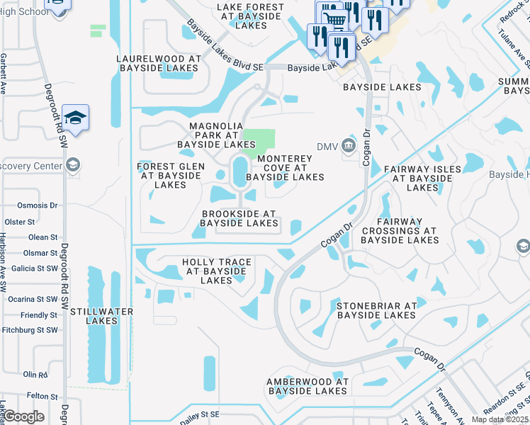 map of restaurants, bars, coffee shops, grocery stores, and more near 417 Breckenridge Circle Southeast in Palm Bay