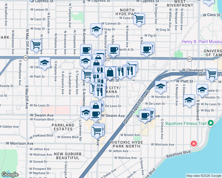 map of restaurants, bars, coffee shops, grocery stores, and more near 406 South Albany Avenue in Tampa