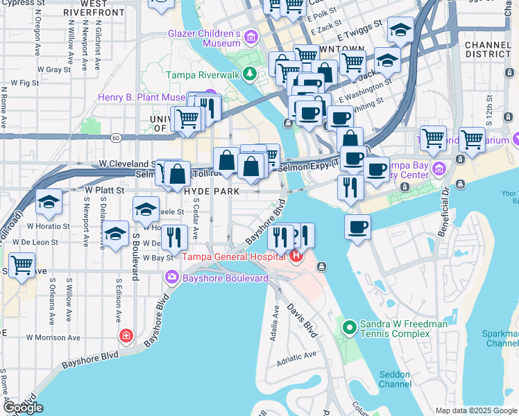 map of restaurants, bars, coffee shops, grocery stores, and more near 101 West Beach Place in Tampa