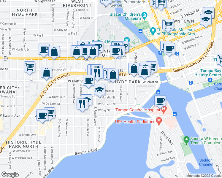 map of restaurants, bars, coffee shops, grocery stores, and more near 616 West Azeele Street in Tampa