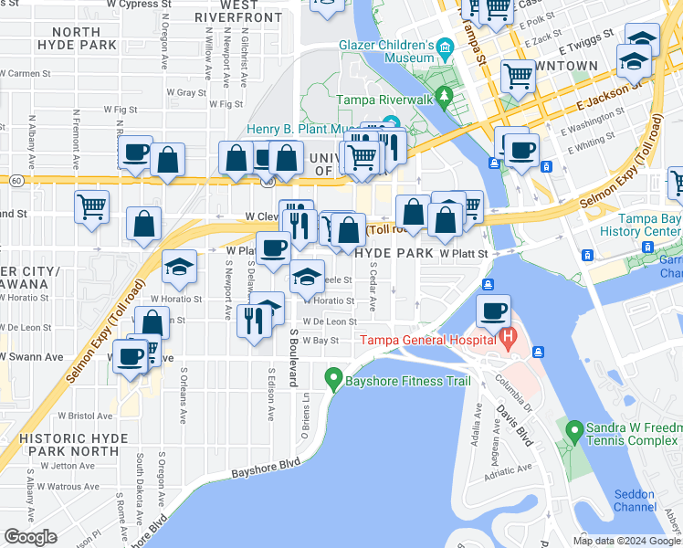 map of restaurants, bars, coffee shops, grocery stores, and more near 616 West Azeele Street in Tampa